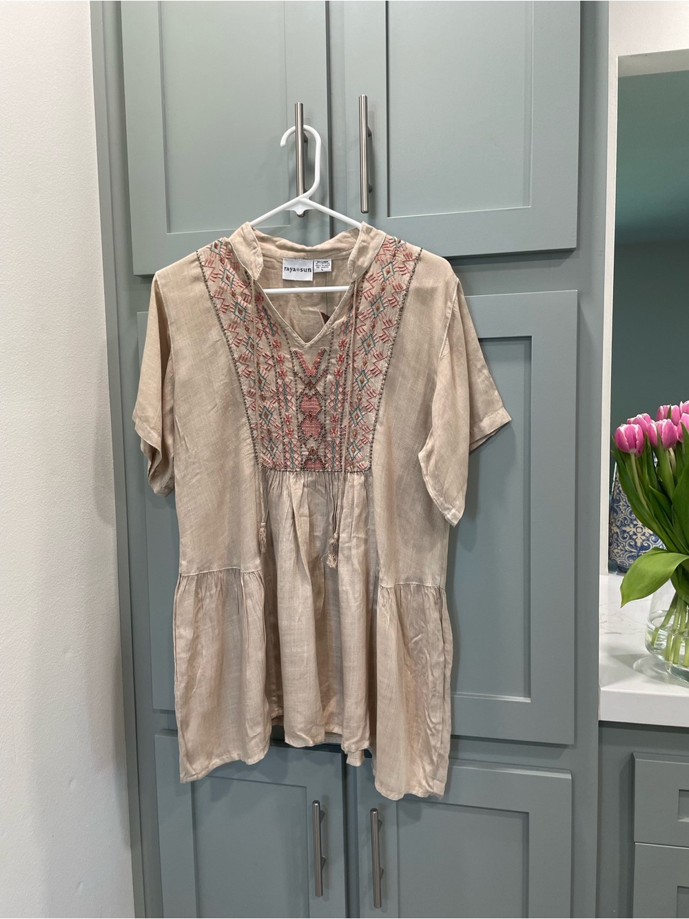 raya sun linen Beige Embroidered V-Neck Tunic